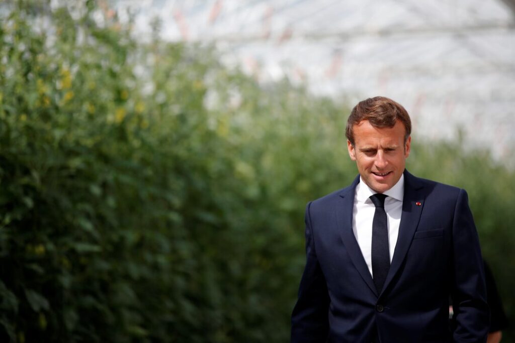 FILE PHOTO: French President Emmanuel Macron walks in a greenhouse for tomatoes as he visits the Roue farm in Cleder during a day trip centered on agriculture amid the coronavirus disease (COVID-19) outbreak in Brittany, France, April 22, 2020. REUTERS/Stephane Mahe/Pool 